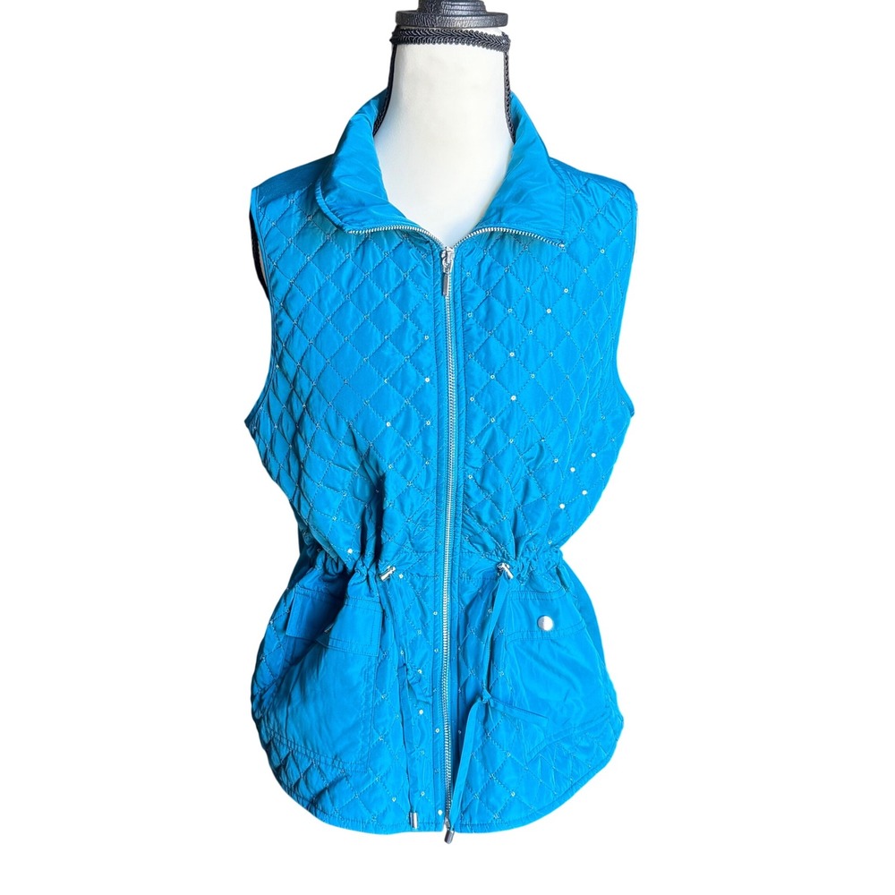 Chico's Quilted Vest Refined Teal Sequins Zip Front Drawstring Waist Size 1‎